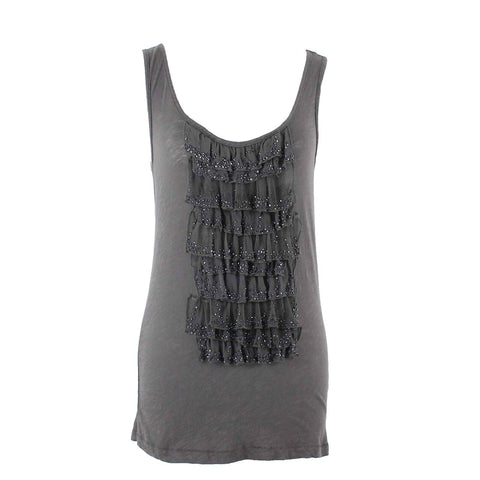 J Crew Sz S Dark Taupe Beaded Ruffle Front Cotton Silk Polyester Top