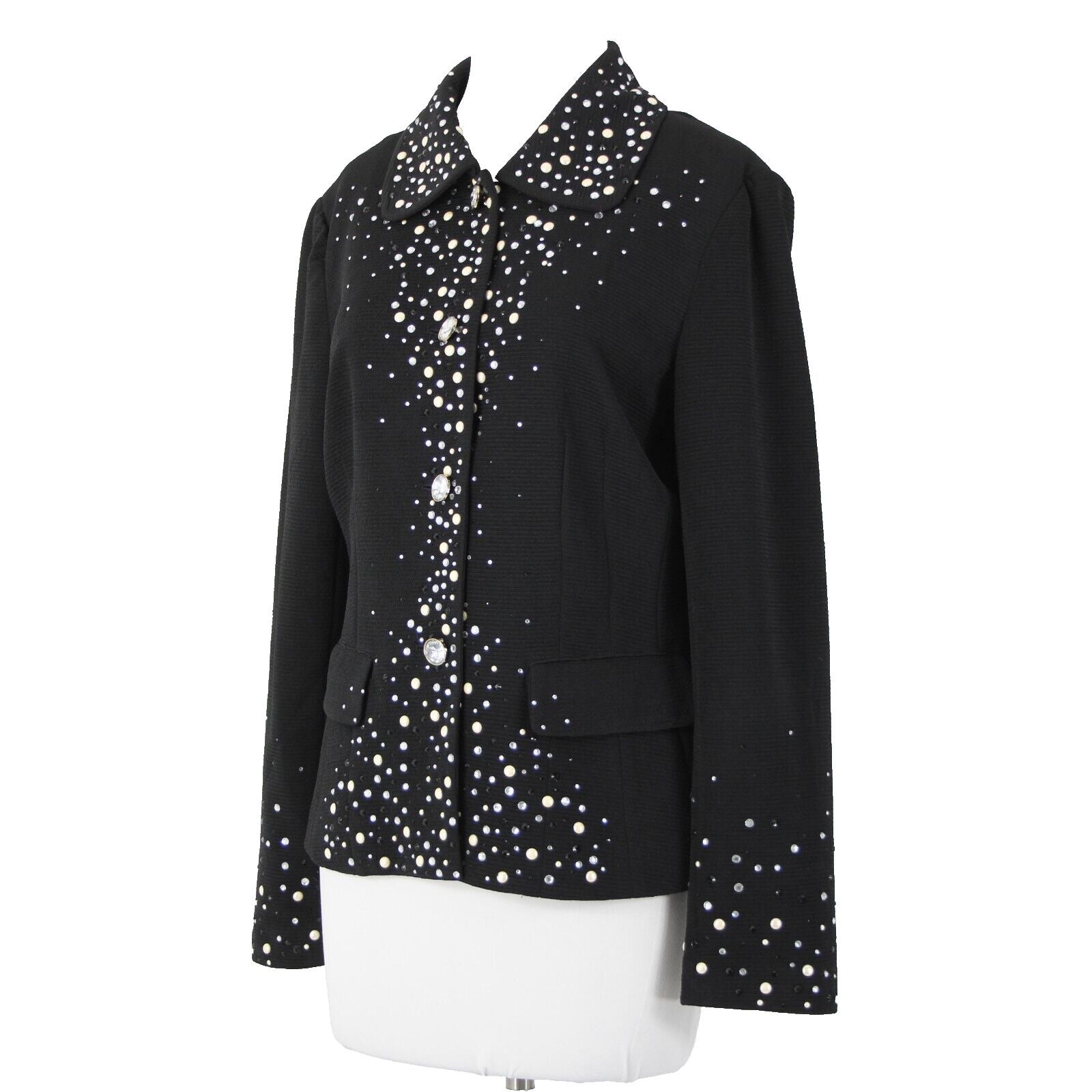 Joan Rivers Sz M Black White Silver Rhinestones Lined Collar Poly Spandex Jacket