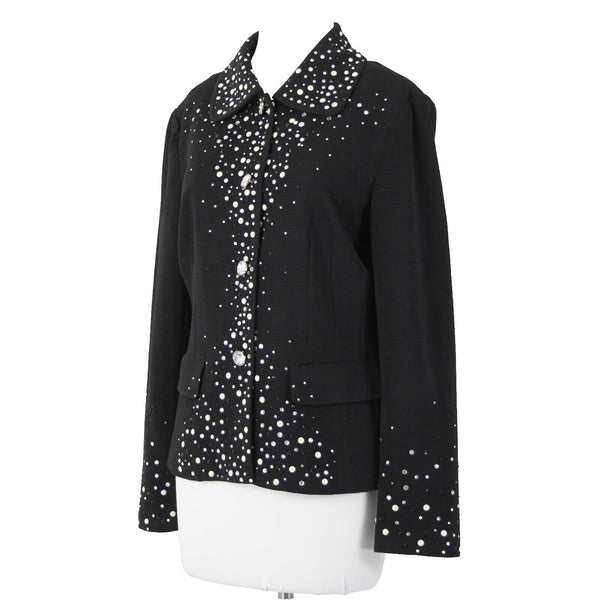 Joan Rivers Sz M Black White Silver Rhinestones Lined Collar Poly Spandex Jacket