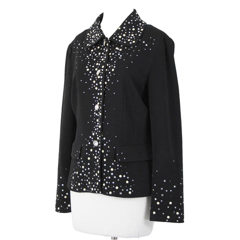 Joan Rivers Sz M Black White Silver Rhinestones Lined Collar Poly Spandex Jacket