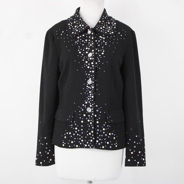 Joan Rivers Sz M Black White Silver Rhinestones Lined Collar Poly Spandex Jacket