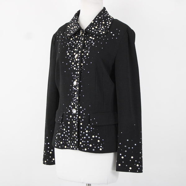 Joan Rivers Sz M Black White Silver Rhinestones Lined Collar Poly Spandex Jacket