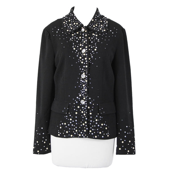 Joan Rivers Sz M Black White Silver Rhinestones Lined Collar Poly Spandex Jacket