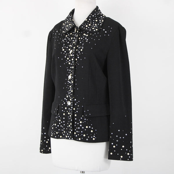 Joan Rivers Sz M Black White Silver Rhinestones Lined Collar Poly Spandex Jacket