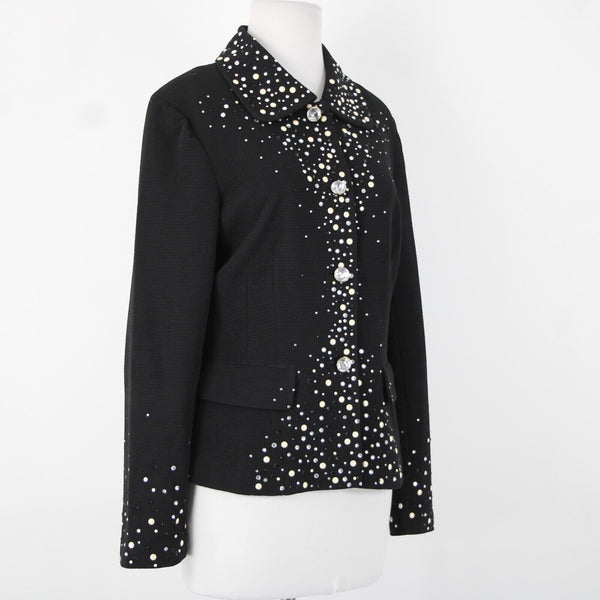 Joan Rivers Sz M Black White Silver Rhinestones Lined Collar Poly Spandex Jacket