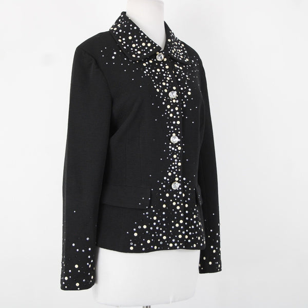Joan Rivers Sz M Black White Silver Rhinestones Lined Collar Poly Spandex Jacket