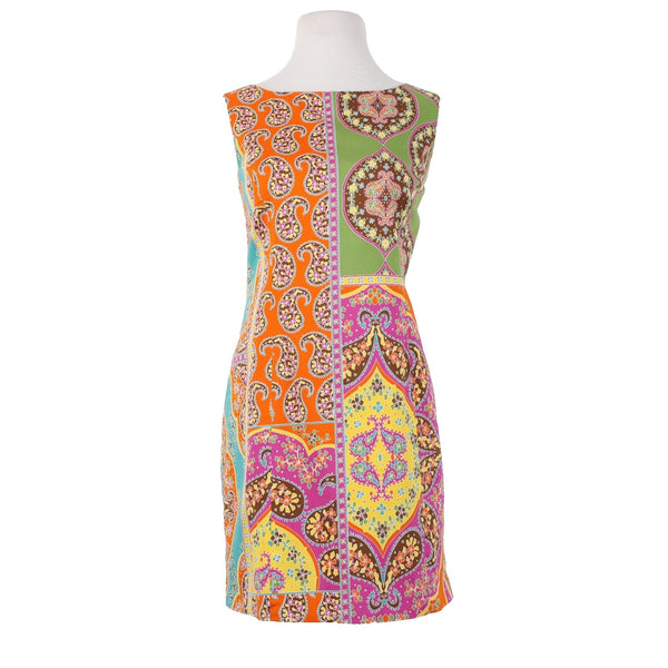 Peter Nygard Dress Sz 8P Orange Green Multi Color Lined Sleeveless Cotton Dress