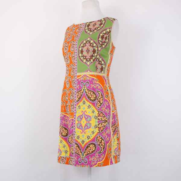 Peter Nygard Dress Sz 8P Orange Green Multi Color Lined Sleeveless Cotton Dress