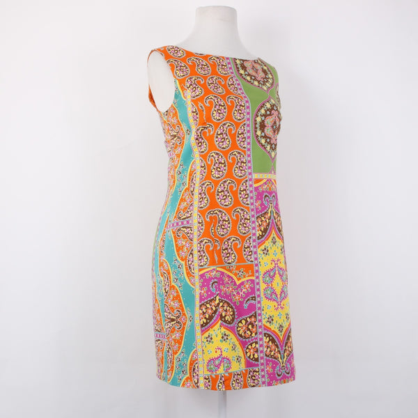 Peter Nygard Dress Sz 8P Orange Green Multi Color Lined Sleeveless Cotton Dress