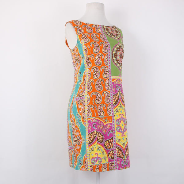 Peter Nygard Dress Sz 8P Orange Green Multi Color Lined Sleeveless Cotton Dress