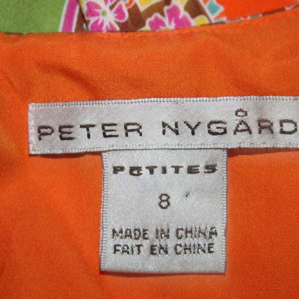 Peter Nygard Dress Sz 8P Orange Green Multi Color Lined Sleeveless Cotton Dress