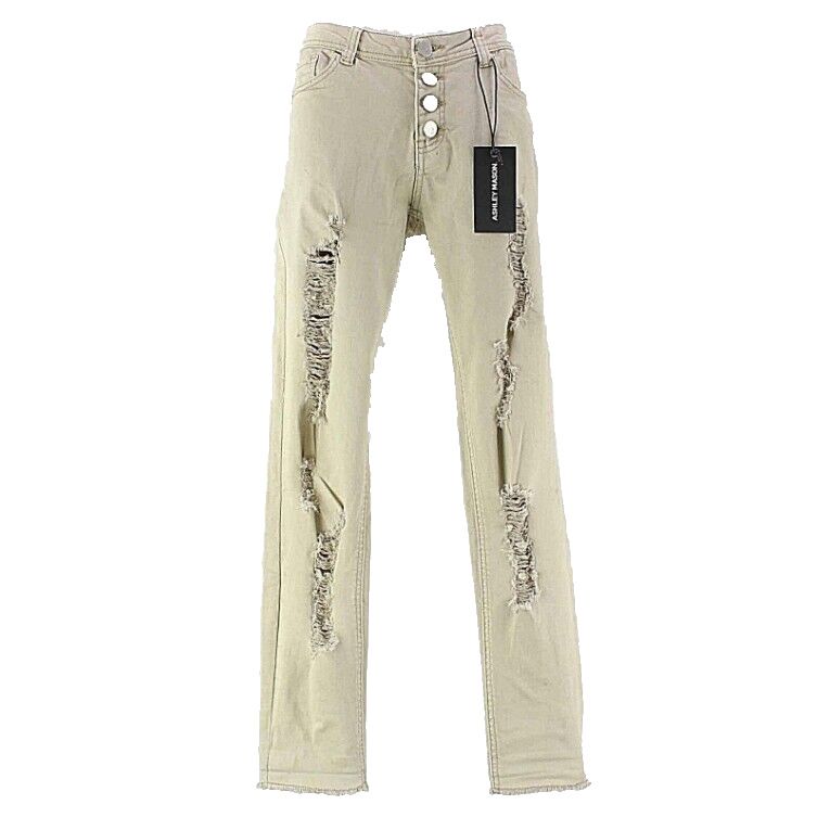 Ashley Mason NEW $29 Sz 26 X 27.5 Tan Button Destroyed Cotton Blend Jean