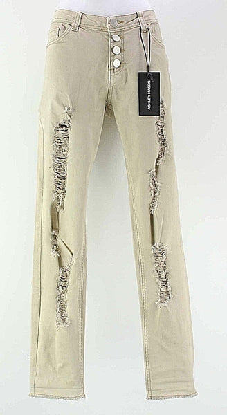 Ashley Mason NEW $29 Sz 26 X 27.5 Tan Button Destroyed Cotton Blend Jean