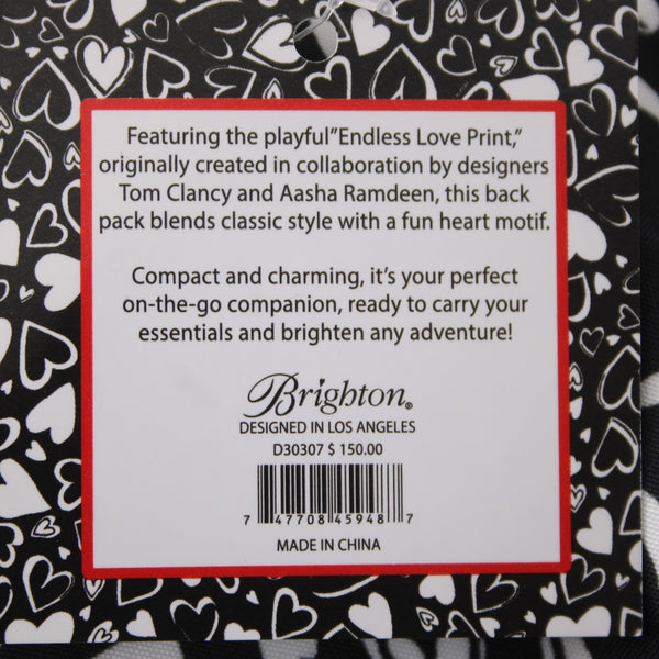 Brighton Backpack NEW Endless Love 12 x 9 x  4 Black White Heart Fabric Backpack
