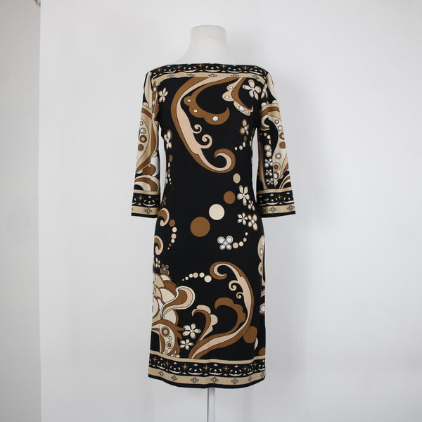 City Triangles Sz M Black Tan Brown Unlined 3/4 Sleeve Polyester Spandex Dress