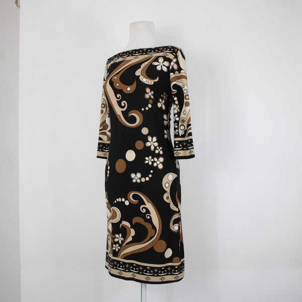 City Triangles Sz M Black Tan Brown Unlined 3/4 Sleeve Polyester Spandex Dress