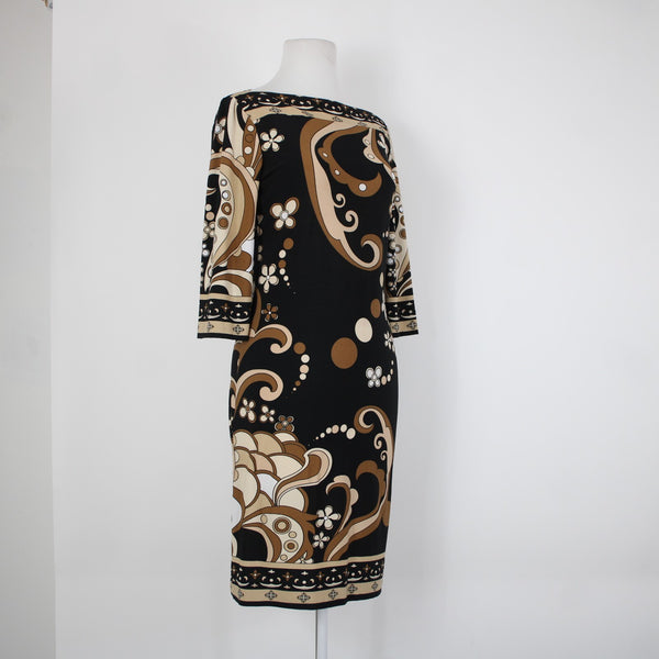 City Triangles Sz M Black Tan Brown Unlined 3/4 Sleeve Polyester Spandex Dress