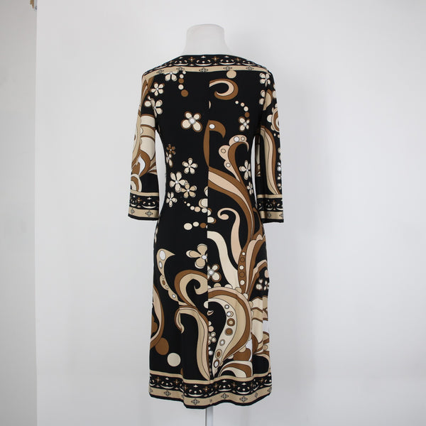 City Triangles Sz M Black Tan Brown Unlined 3/4 Sleeve Polyester Spandex Dress