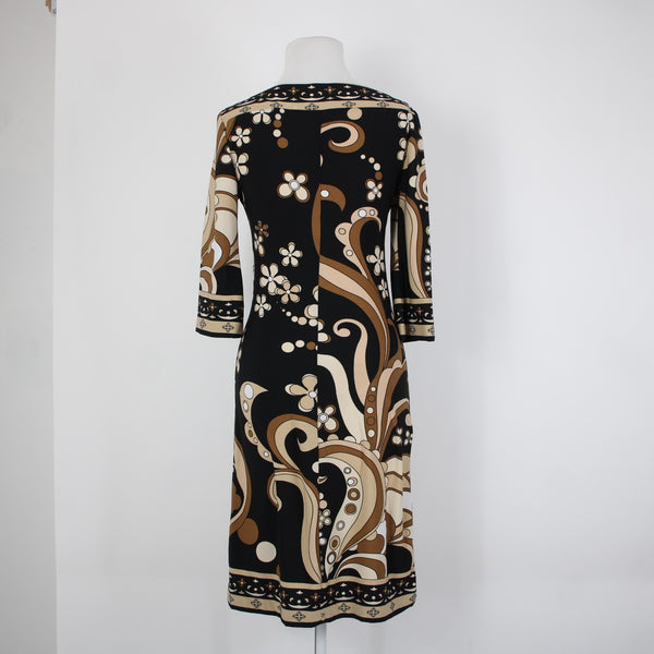 City Triangles Sz M Black Tan Brown Unlined 3/4 Sleeve Polyester Spandex Dress