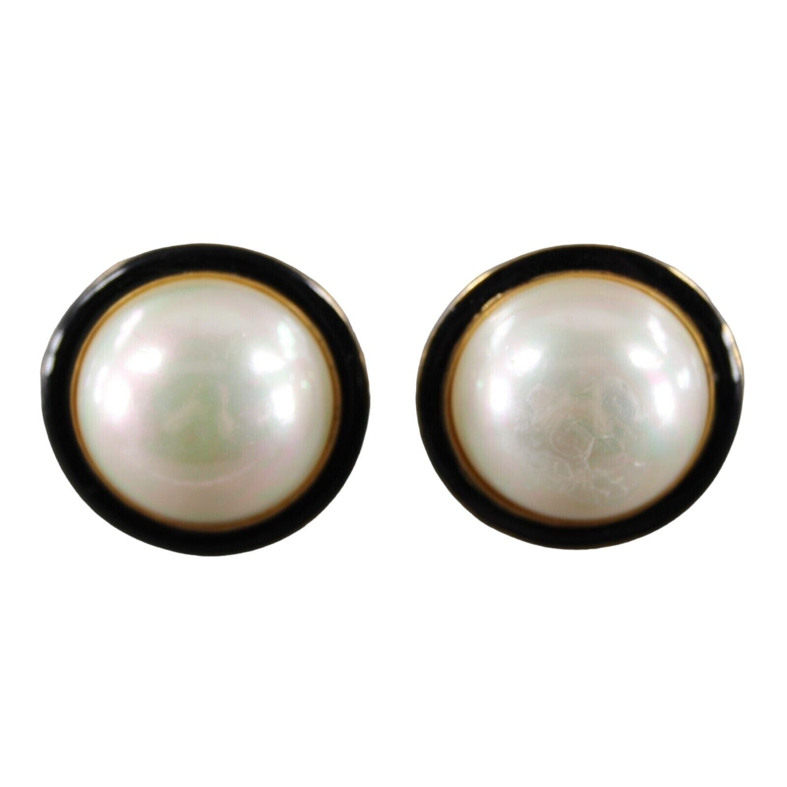Carolee Faux Pearl Gold Black Enamel Round  1" Huggie Clip On AS IS  Earrings