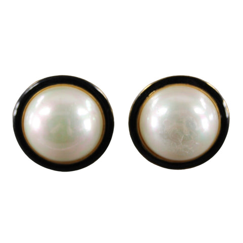Carolee Faux Pearl Gold Black Enamel Round  1" Huggie Clip On AS IS  Earrings