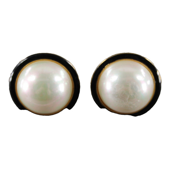 Carolee Faux Pearl Gold Black Enamel Round  1" Huggie Clip On AS IS  Earrings