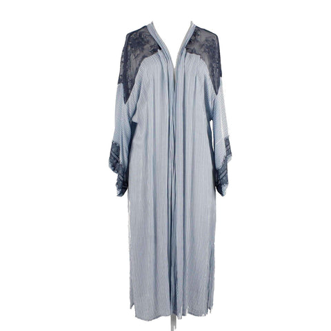 Midnight Bakery Sz L Navy Blue White Striped Lace 100% Rayon Nylon Wrap Sweater