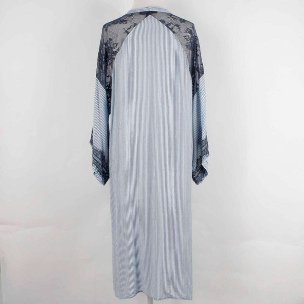 Midnight Bakery Sz L Navy Blue White Striped Lace 100% Rayon Nylon Wrap Sweater