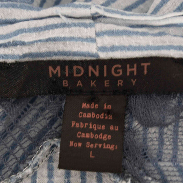 Midnight Bakery Sz L Navy Blue White Striped Lace 100% Rayon Nylon Wrap Sweater