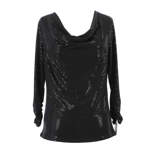Clara Sun Woo NEW Sz S Black Sparkle Cowl Ruched Sleeve Poly Blend Knit Top