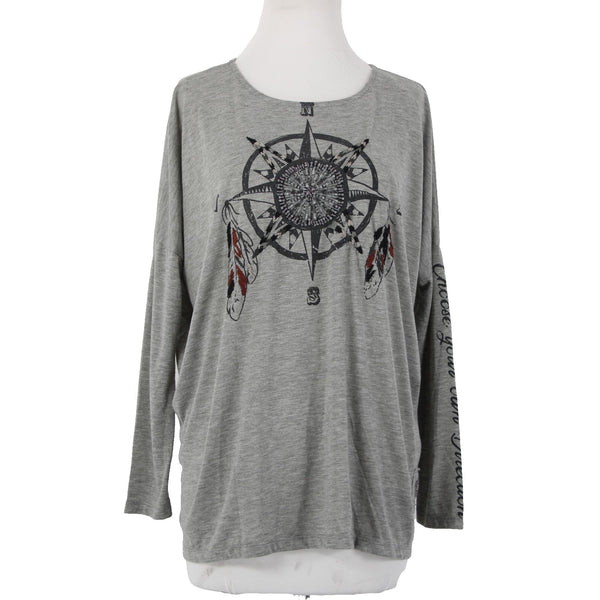 Double D Ranch Top Sz M Gray Black Beaded Embroidered Compass Poly Rayon Top