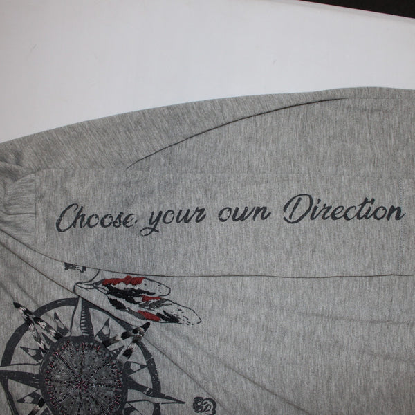 Double D Ranch Top Sz M Gray Black Beaded Embroidered Compass Poly Rayon Top