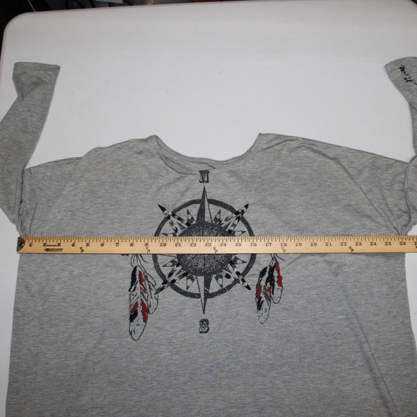 Double D Ranch Top Sz M Gray Black Beaded Embroidered Compass Poly Rayon Top