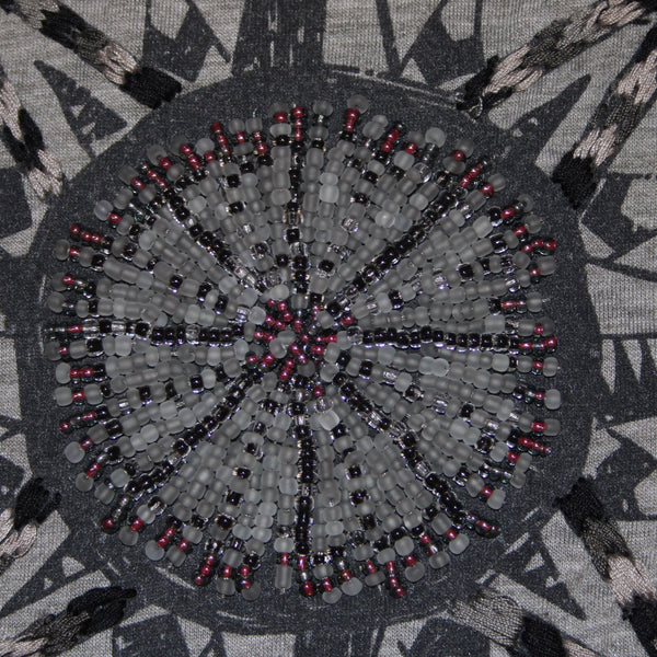 Double D Ranch Top Sz M Gray Black Beaded Embroidered Compass Poly Rayon Top