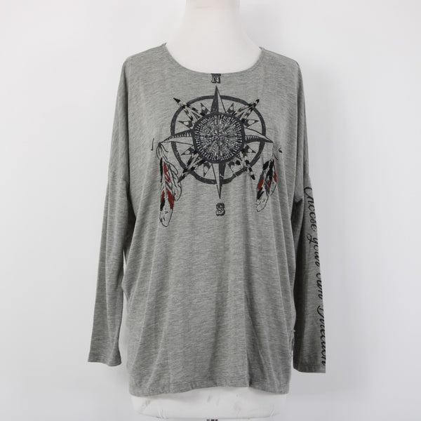 Double D Ranch Top Sz M Gray Black Beaded Embroidered Compass Poly Rayon Top