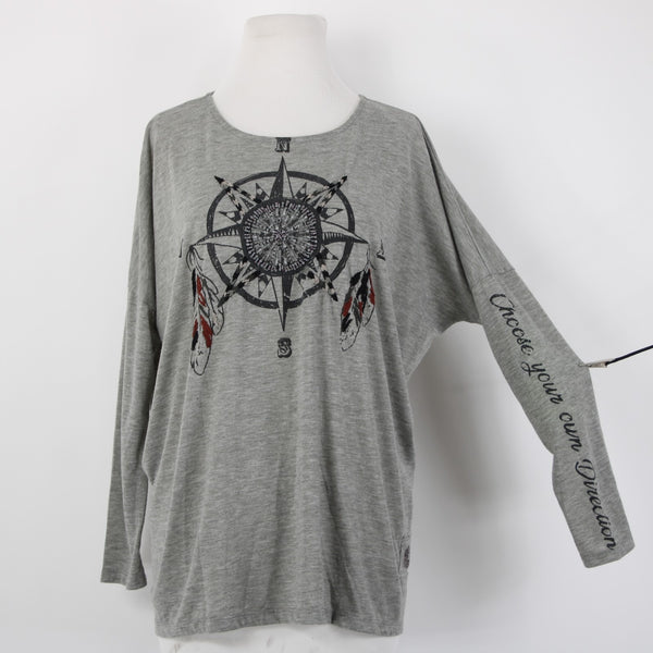 Double D Ranch Top Sz M Gray Black Beaded Embroidered Compass Poly Rayon Top