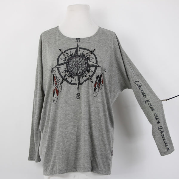 Double D Ranch Top Sz M Gray Black Beaded Embroidered Compass Poly Rayon Top