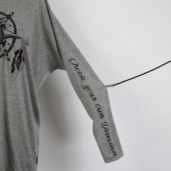 Double D Ranch Top Sz M Gray Black Beaded Embroidered Compass Poly Rayon Top