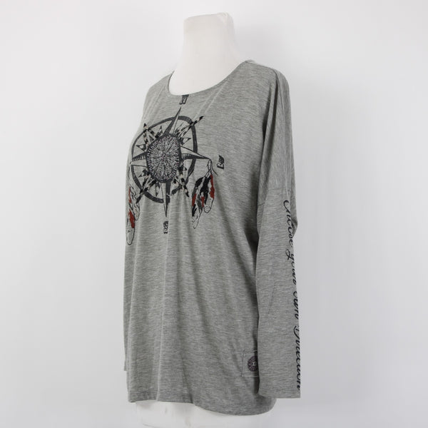 Double D Ranch Top Sz M Gray Black Beaded Embroidered Compass Poly Rayon Top