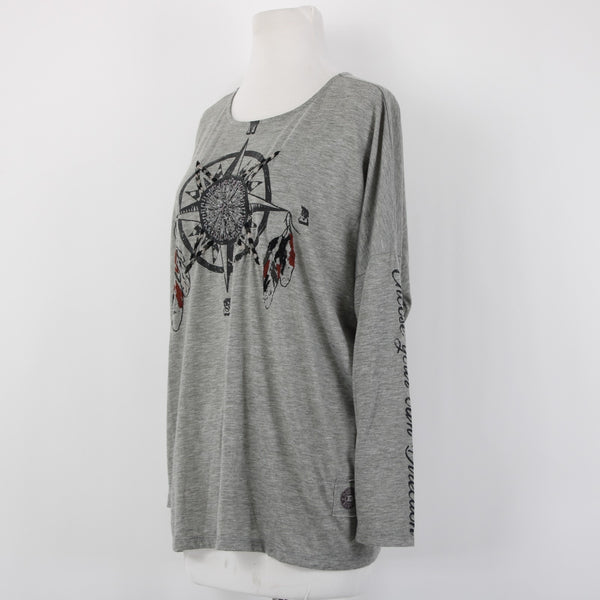 Double D Ranch Top Sz M Gray Black Beaded Embroidered Compass Poly Rayon Top