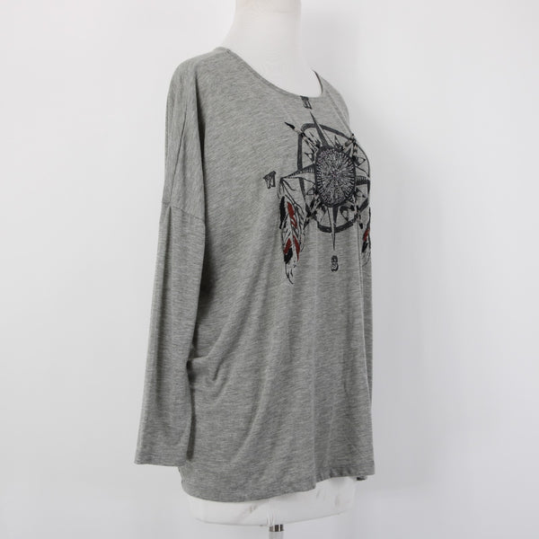 Double D Ranch Top Sz M Gray Black Beaded Embroidered Compass Poly Rayon Top