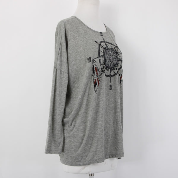 Double D Ranch Top Sz M Gray Black Beaded Embroidered Compass Poly Rayon Top