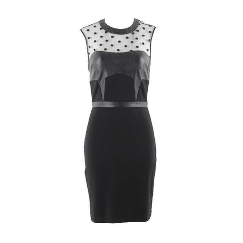 LM by Mignon Sz 4 Black Polka Dot Vegan Leather Rayon Blend Poly PU Dress