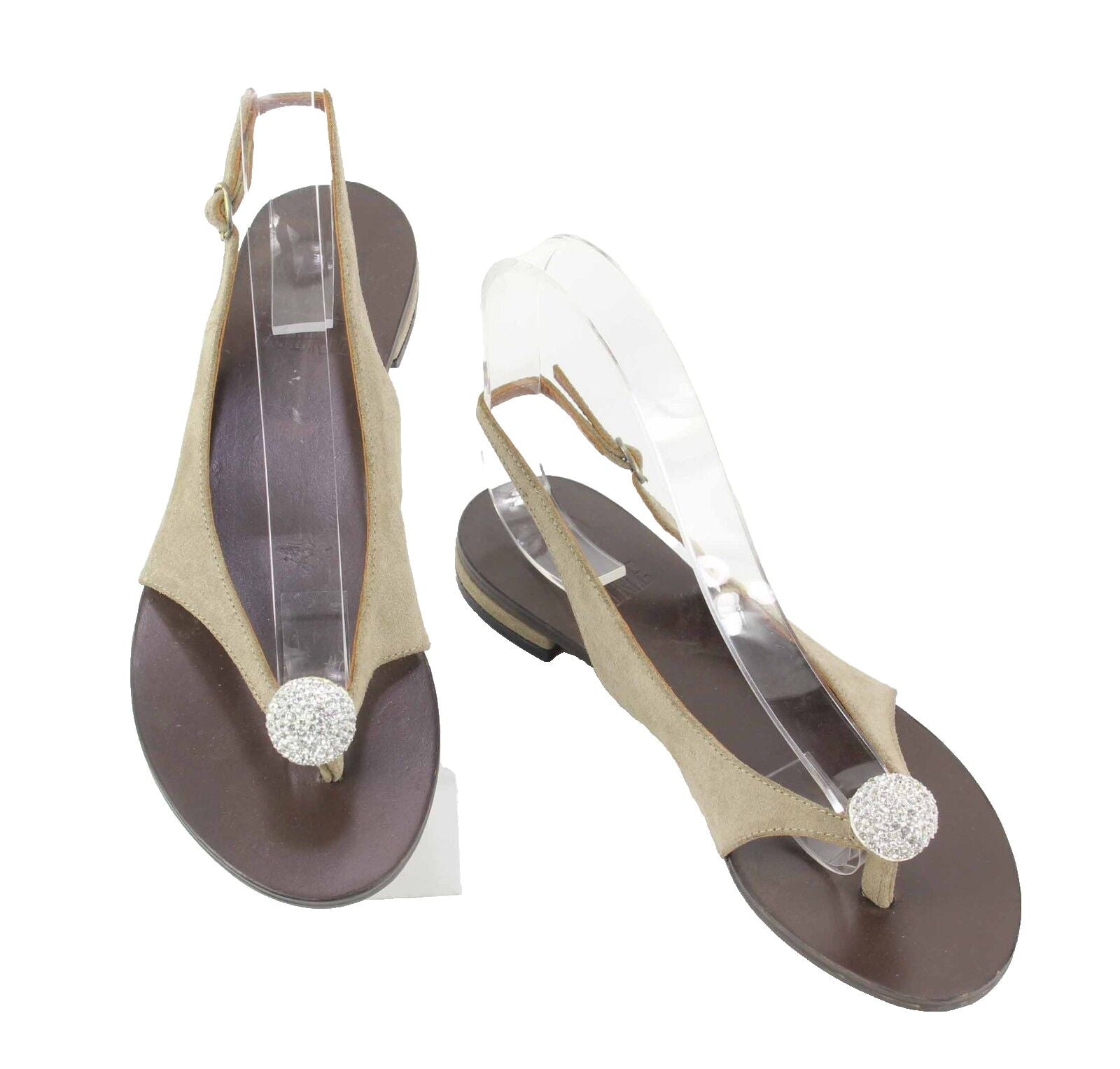 BP Zone Sz 37 Taupe Brown Rhinestone Toe Bauble Low Suede Leather Sandal