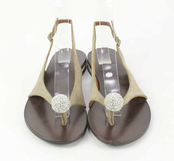 BP Zone Sz 37 Taupe Brown Rhinestone Toe Bauble Low Suede Leather Sandal