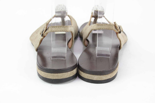 BP Zone Sz 37 Taupe Brown Rhinestone Toe Bauble Low Suede Leather Sandal