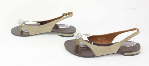 BP Zone Sz 37 Taupe Brown Rhinestone Toe Bauble Low Suede Leather Sandal