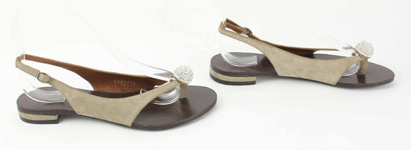 BP Zone Sz 37 Taupe Brown Rhinestone Toe Bauble Low Suede Leather Sandal