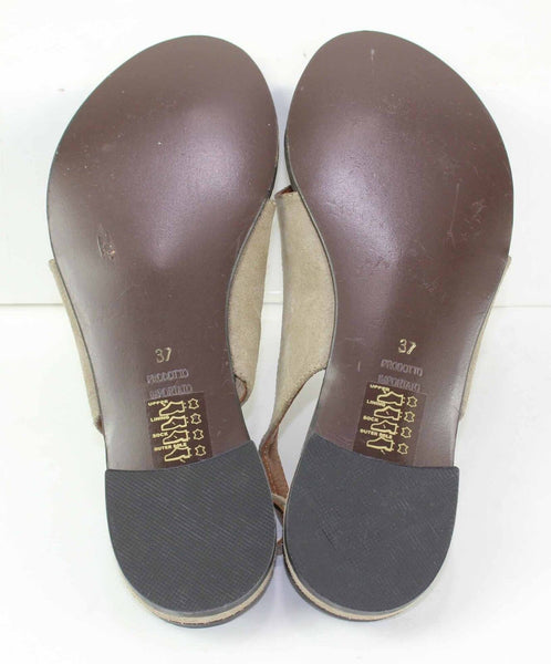 BP Zone Sz 37 Taupe Brown Rhinestone Toe Bauble Low Suede Leather Sandal