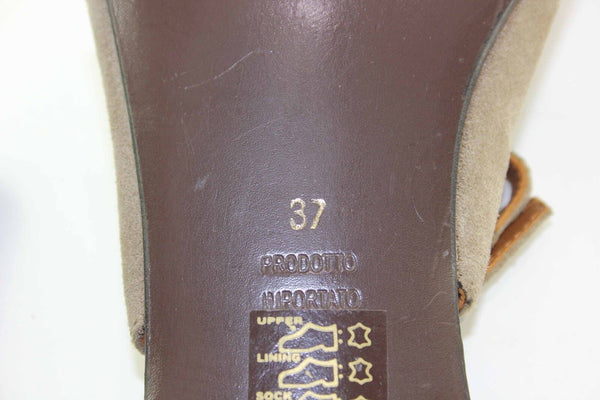 BP Zone Sz 37 Taupe Brown Rhinestone Toe Bauble Low Suede Leather Sandal